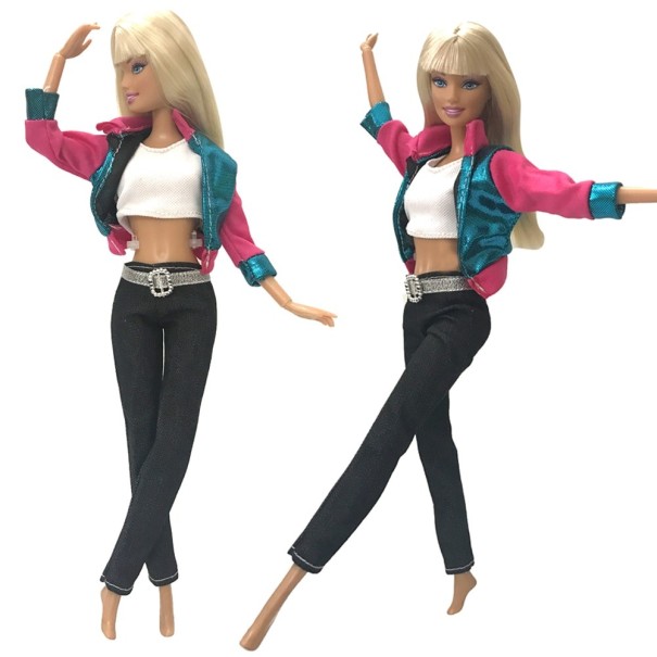 Klädeset för mode docka Vit crop top Svarta byxor med silverbälte Glänsande turkos jacka med rosa ärmar Tyg 1