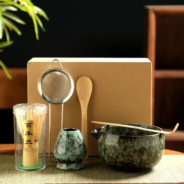 Set japonez pentru prepararea ceaiului 6 piese Set ceramic azuriu pentru matcha cu bol, tel, linguri, sită și suport 1