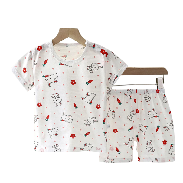 Conjunto unisex infantil camiseta blanca y pantalones cortos de manga corta con cuello redondo dibujos de conejitos y zanahorias algodón 6