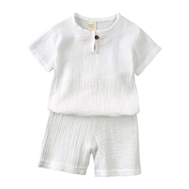Conjunto unisex infantil de camiseta de manga corta y pantalones cortos con goma Botones en el escote Escote redondo blanco 2