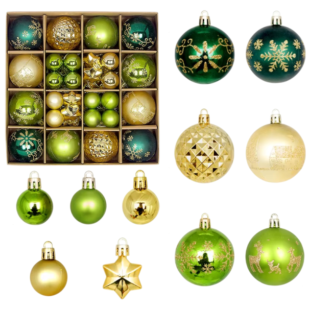44 pcs Boules de Noël 3 - 6 cm Décorations vertes et dorées pour sapin Boules et étoiles pour décoration de Noël Différentes tailles 1