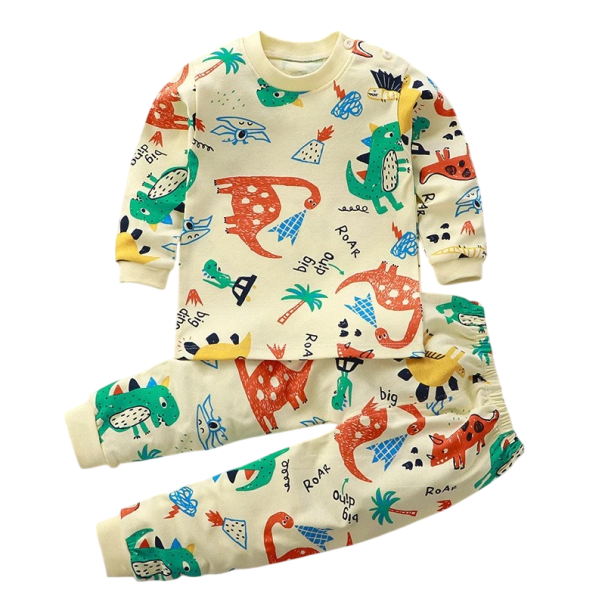 Conjunto infantil amarillo con estampado de dinosaurio camiseta de manga larga pantalones elásticos Unisex conjunto de algodón para niños 6-9 meses