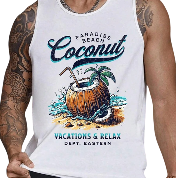 Tropiskt herrtopp Polyester Material Rundad hals Coconut och strandmotiv Sommarfärgad design Lätt rak passform vit XXL