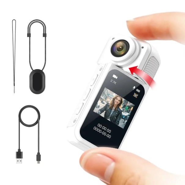 AMORUS Mini 2,7K akčná kamera 1080P kapsičková športová kamera 6,5 x 2,8 x 2,5 cm 1,47" displej 180° otočný 170° objektív biela