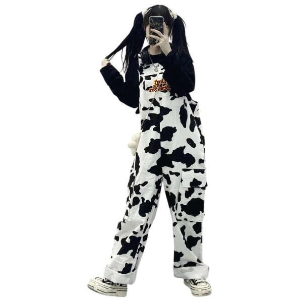 Salopette blanche à pois noirs Motif vache Inscription ne parle pas aux étrangers Poches Décolleté rond Pantalons longs Débardeur L