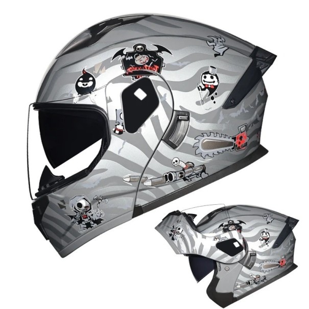 Helface motorcykelhjälm unisex vikbar ABS+PC grå med skelettmotiv och Halloween-motiv L