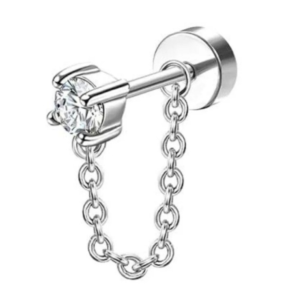 Silverpiercing med diamant och kedja 0,8 mm x 6 mm x 10 mm i kirurgiskt rostfritt stål, örhängen för känsliga öron 1