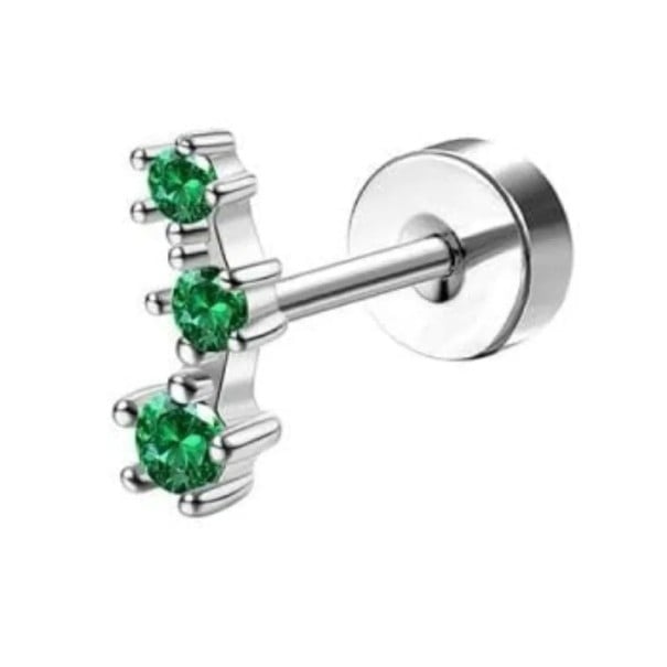 Söljpiercing med tre gröna diamanter ovanpå varandra 0,8 mm x 6 mm x 10 mm i kirurgiskt rostfritt stål för känsliga öron 1