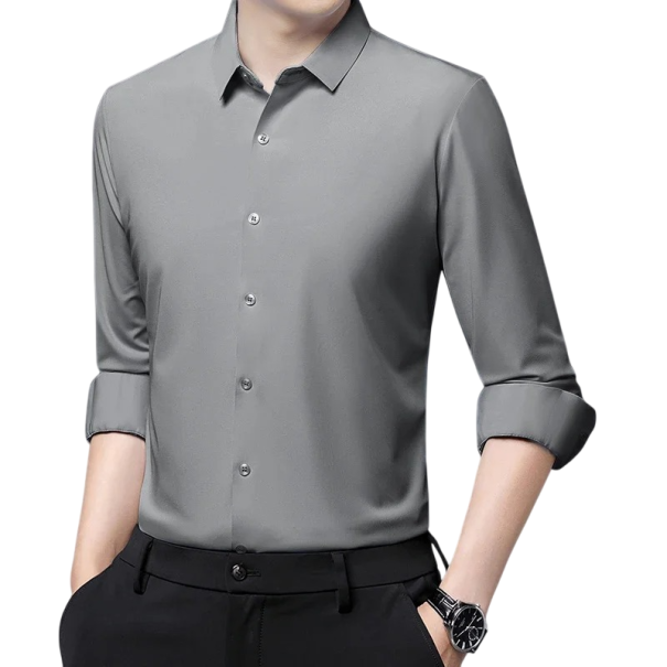 Herenoverhemd lange mouwen Effen uitvoering Knopen sluiting V-hals Spandex en polyamide Comfortabele pasvorm Jaar rond grijs M