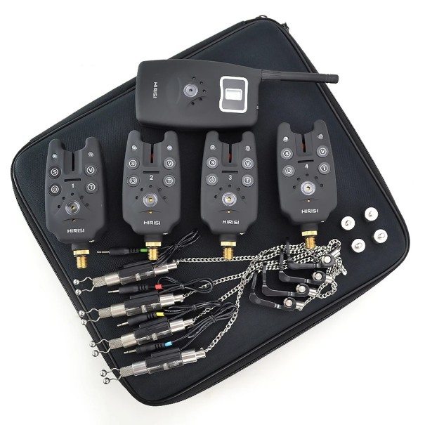 Trådlös fiskebite signaleringssats 1 + 4 med belysta swingrar LED ljudsignal och mottagare EVA fodral 1