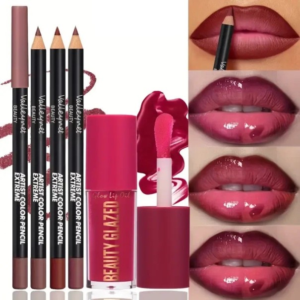 4 pcs ensemble cosmétique de crayons à lèvres et d'huile à lèvres Résistant à l'eau maquillage hydratant longue durée 1