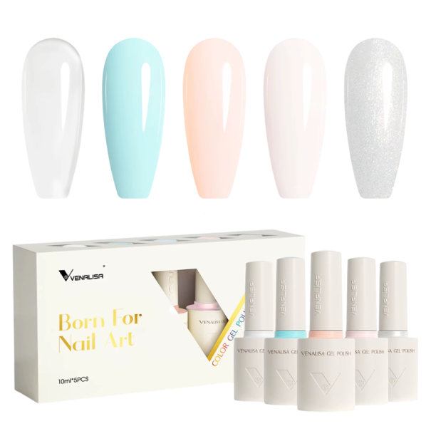Ensemble de vernis à ongles en gel colorés 5×10 ml Collection vegan sans HEMA TPO Texture douce Pinceau rond UV LED 1