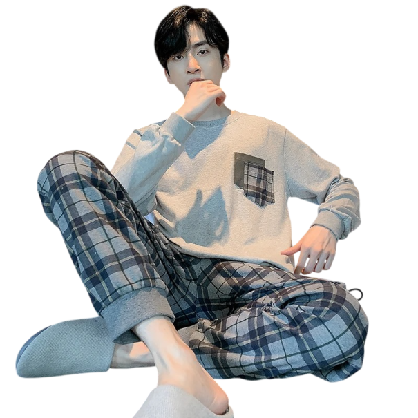 Herrpyjamas med lång ärm och rutiga byxor O-hals Polyester Spandex Grå pyjamas med ficka L