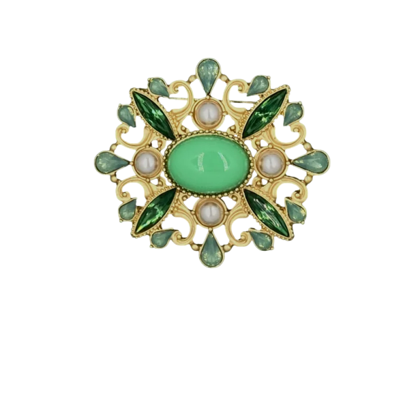 Modig grön barock brosch 4,7 x 4,7 cm / 4,7 x 4,3 cm Pärlliknande stenar Zinklegering Elegantisk accessoar för kavaj och klänningar 1
