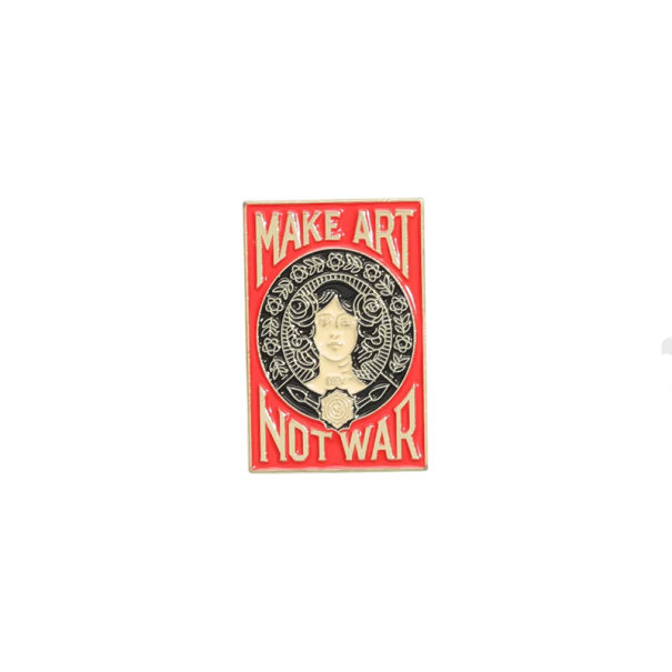 Modebrosch 1,7 x 2,7 cm Röd design Med texten Make Art Not War Uttrycksfull metallaccessoar Av zinklegering 1