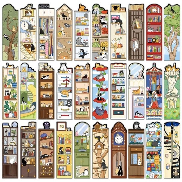 Sada 30 ks papírová záložka do knihy 15 x 4 cm kočka ilustrativní motiv interiér knihovna strom 1