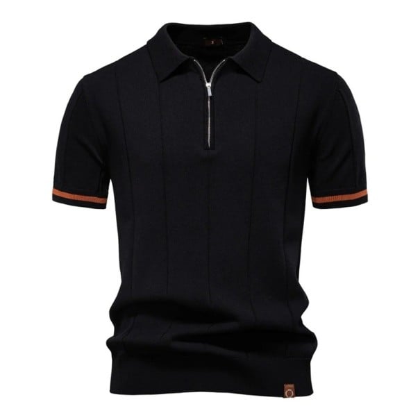 Herrpiké med dragkedja och V-hals och krage Kort ärm Enfärgad Polyester Viskos Elegant stil svart XL