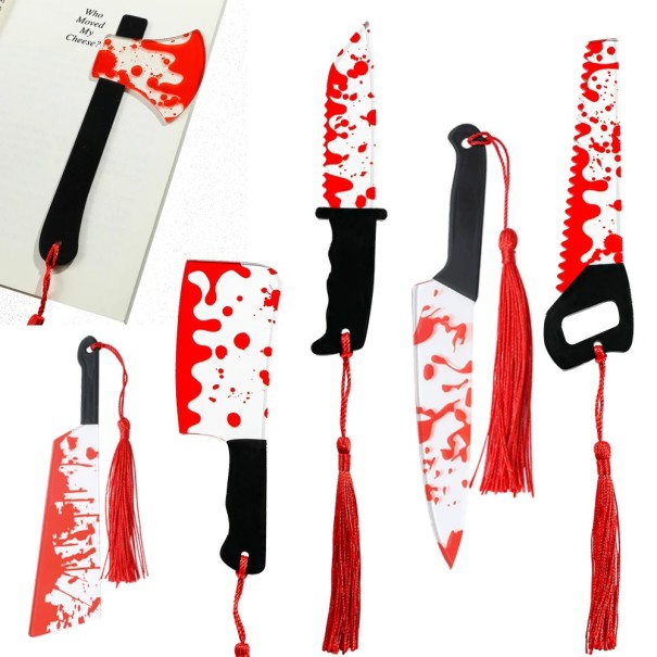 Set med 5 stycken bokmärken 15 cm med skräckmotiv av vapen med tofs, tematisk bokmärke för skräckälskare 1