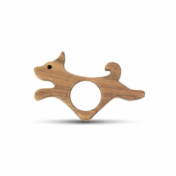 Trä bokmärke med ringform och motiv av en springande hund, hål 2,2 cm för tumme, ergonomisk för att läsa med en hand 1