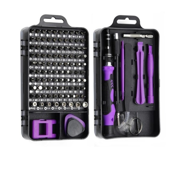 115 in 1 Tool Set for Mobile Phone and Fine Electronics Repairs Precision Bits Tweezers Suction Cup Pry Tools Disassembly Tools purple