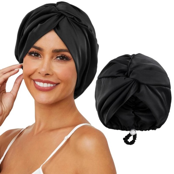 Damernas siden turbanmössa för sömn justerbar polyestermössa svart