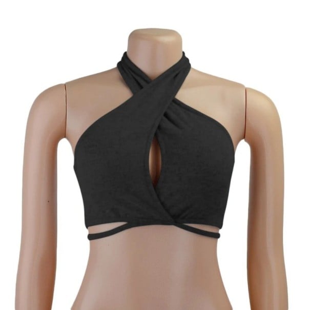 Débardeur femme uni Crop top Col rond Bretelles larges autour du cou Découpe au niveau de la poitrine Polyester élasthanne noir S