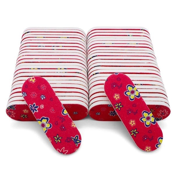 50 ks Pilník na nehty 6 x 1,9 cm Červený květinový motiv Brusný papír EVA houbička Mini jednorázový pilník Manikúra pedikúra 1