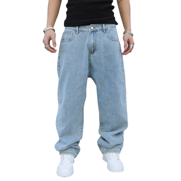 Herrens lösa blå jeans med fickor, denim, modern passform, bekväma för varje dag L
