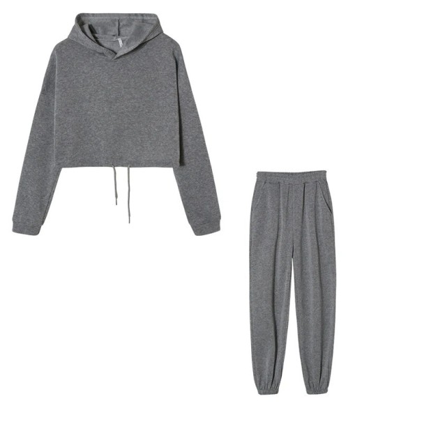 Damsats i enfärgad, byxor och crop top hoodie i polyester grå L