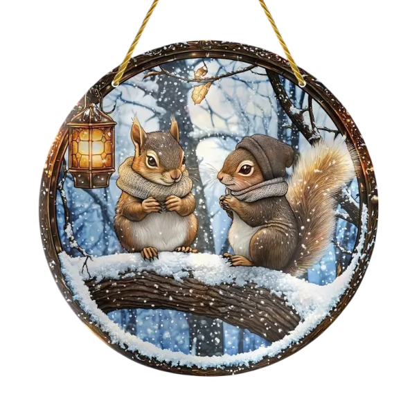 2D akrylhängande vinterdekoration 8 x 8 cm Ekorren på snöig gren Färgglad platta Inredningsdekoration för inomhus och utomhus Julklapp 1