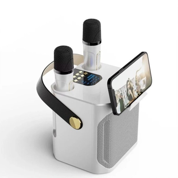 Karaoke-set Bluetooth högtalare 16,8 x 13,9 x 17,1 cm 100 W 360° stereo vattentålig med 2 trådlösa mikrofoner vit