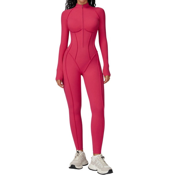 Dames sportieve overall T-shirt met lange mouwen en leggings Met rits in de hals Effen overall van nylon en spandex roze XL