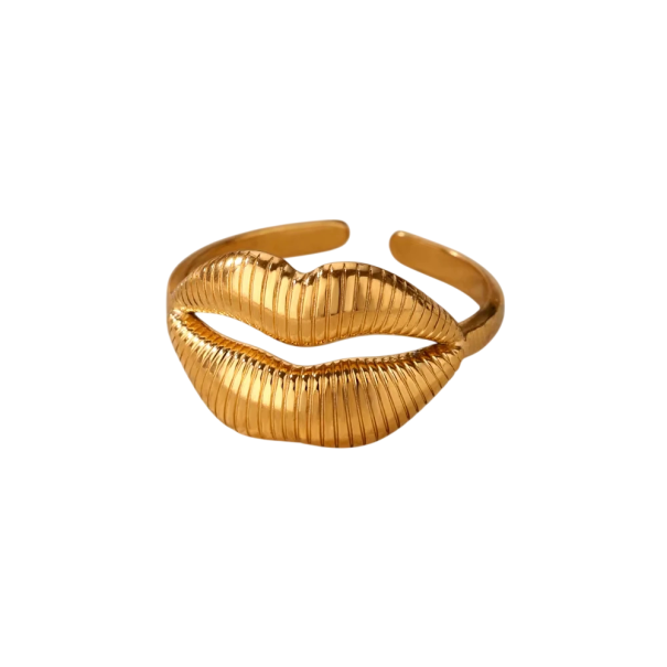 Damring i form av läppar Guld färg Rostfritt stål Öppen justerbar ring Elegant smycke med motiv av halvmot öppna läppar 1