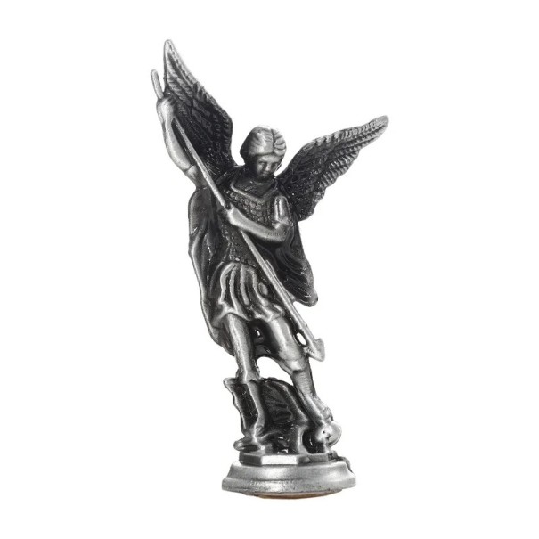 Kristen figur af Sankt Michael 8 x 4,2 cm Metallegeme Religiøs statue af ærkeenglen Dekoration til alteret beskyttelsessymbol for tro grå