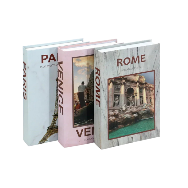 3 st Dekorativa falska böcker Paris Venedig Rom Icke-öppningsbara Pappersmodeller resedesign heminredning 1