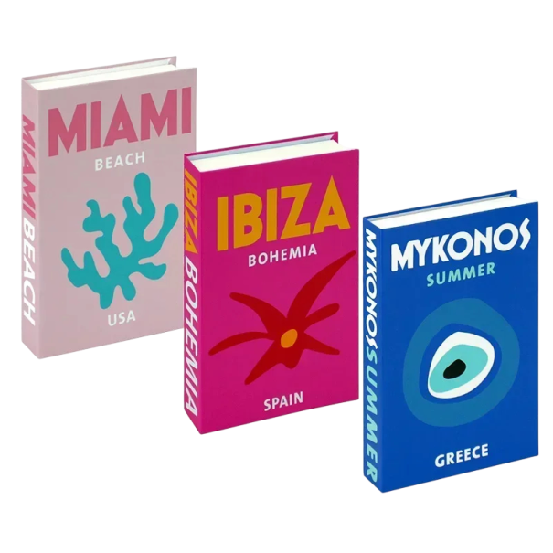 3 st Dekorativa falska böcker Miami Ibiza Mykonos Icke-öppningsbara Pappersmodeller sommarresedekoration 1