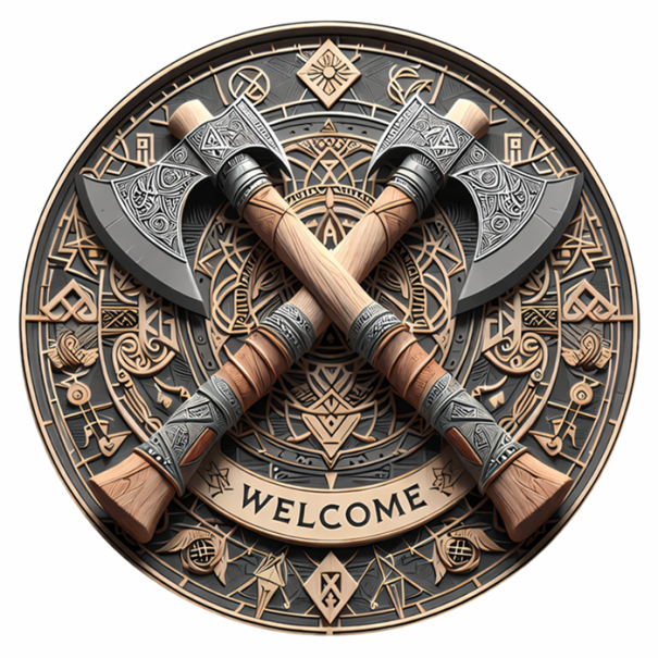 Vikingská uvítací cedule se sekerami 20 x 20 cm Kulatá dřevěná dekorace 2D placatá nástěnná ozdoba Vikingský motiv 1