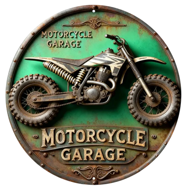 2D-skylt i aluminium Retro motiv med motorcykel Grön bakgrund Vintage hängande väggdekoration för garage, verkstad och stilfull interiör 1