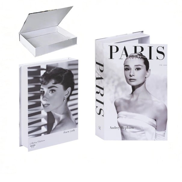 Livre décoratif factice Audrey Hepburn – espace de rangement, ouvrable, noir et blanc avec le motif "Paris" 1