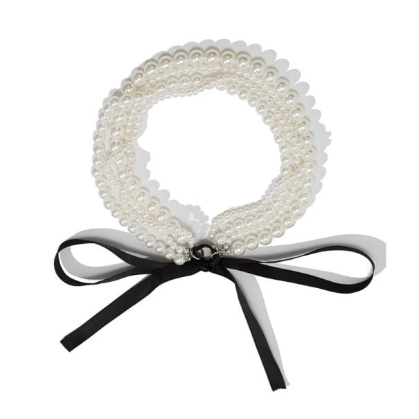 Colier din perle cu mai multe straturi de 36 cm cu fundiță neagră, închidere elegantă 1