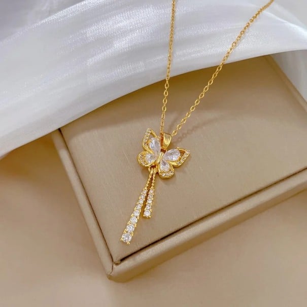 Colier choker auriu pentru femei cu pandantiv fluture din oțel inoxidabil cu zirconii 1