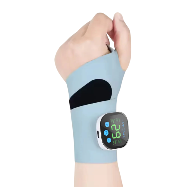 Massageapparat för hand 10 lägen, 29 intensitetsnivåer, magnetisk hållare, bärbar design med justerbart band blå