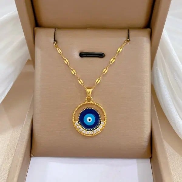 Colier choker auriu pentru femei din oțel chirurgical cu pandantiv Evil Eye și zirconii 1