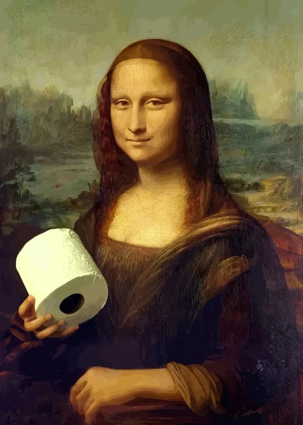 Dekorativ affisch av Mona Lisa med toalettpapper 30 x 40 cm Rolig bild för WC Bomullslärft utan ram Stilren tryck 1