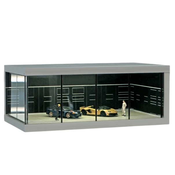 Upplyst garage för bilmodeller 26,5 × 15 × 10,5 cm Svart dekorativ parkeringsgarage med LED-belysning Diorama för samlarmodeller 1