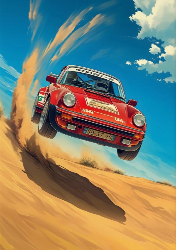Konstverk 50 x 70 cm Röd Porsche i ökenlandskap Väggposter med bil Lärft utan ram Modern dekoration 1