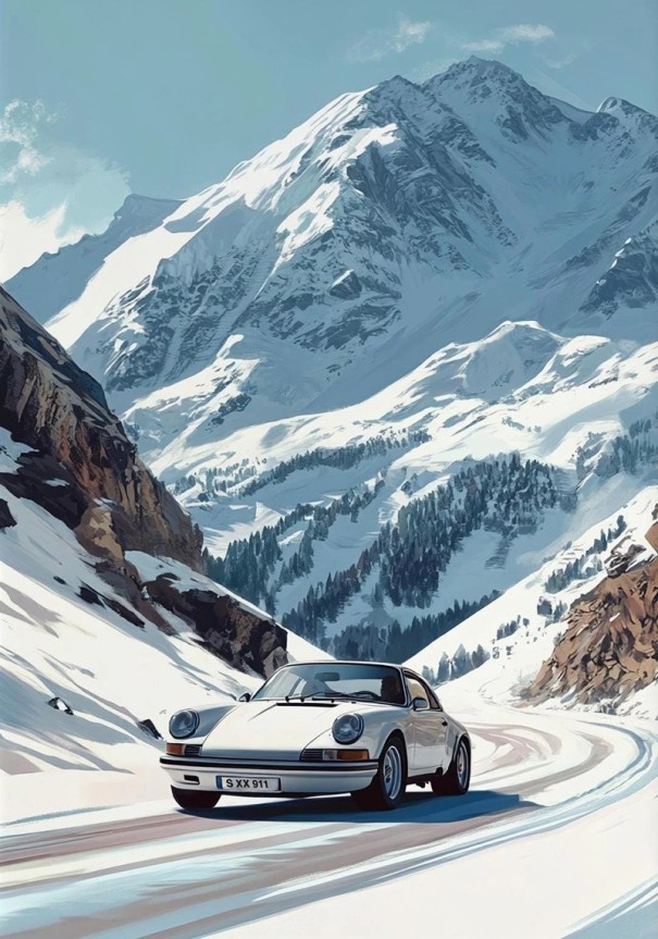 Väggkonst 30 x 42 cm Vit Porsche 911 i vintriga Alper Snöig bergscen Plåttryck Utan ram Stilfull bildekoration 1