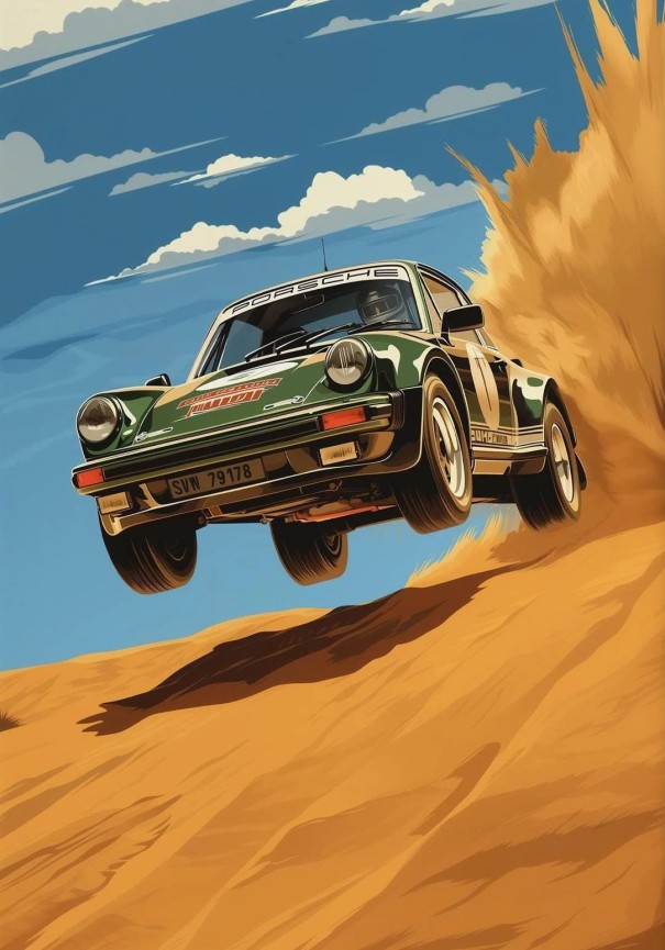 Bild av gröna racing Porsche i ökenrally 30 x 42 cm Lärfttryck Utan ram Sportdekoration för vägg i rummet 1