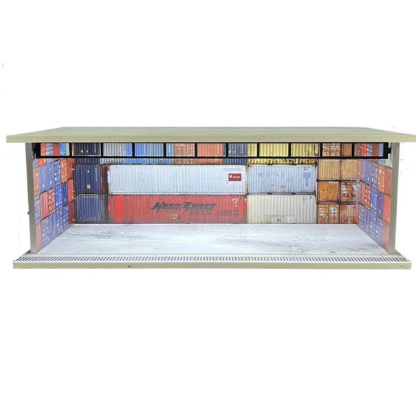 Näyttelydiorama autotallille 30 × 13,5 × 10 cm 1:64 Kontainerilogistiikkascena Kontainerivarasto Näyttölaatikko 1