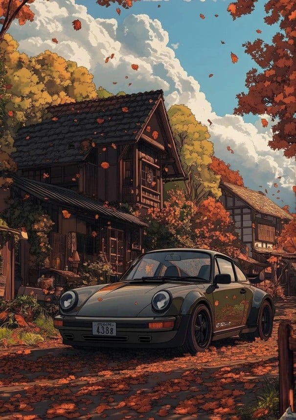 Grand tableau illustré Porsche 911 ville d'automne feuilles 40 x 60 cm Impression sur toile Sans cadre Décoration murale 1
